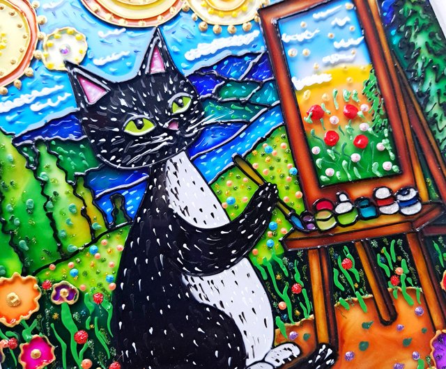 オリジナル絵画黒猫アーティストイーゼル明るい風景星空ペット
