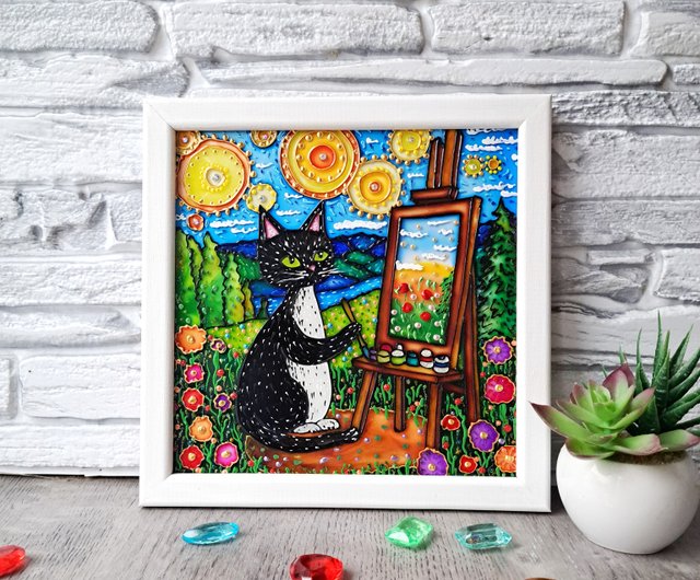 オリジナル絵画黒猫アーティストイーゼル明るい風景星空ペット
