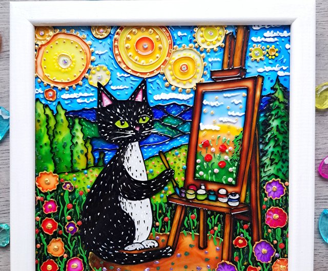【原画】『丘の上のパズル②』パステル画　絵画　動物　チワワ　黒猫　ファンタジー 原画】「黒猫シェフ」 パステルアート かわいい動物 ネコ ねこ