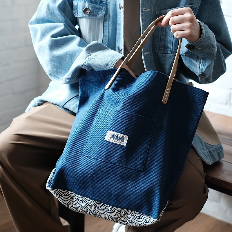 【Made in Hong Kong】Kendogi Patchwork Tote Bag (YB313) - กระเป๋าถือ - ผ้าฝ้าย/ผ้าลินิน สีน้ำเงิน