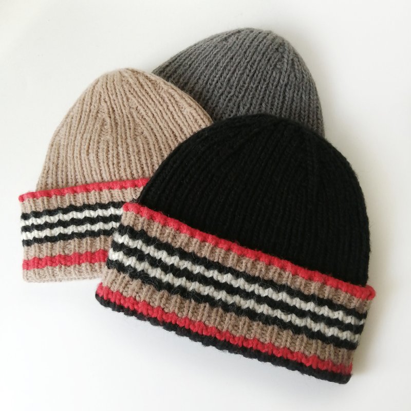 Knit Alpaca and Merino Wool Men's Ribbed Beanie. Hand-knitted Warm Winter Cap. - หมวก - ขนแกะ 