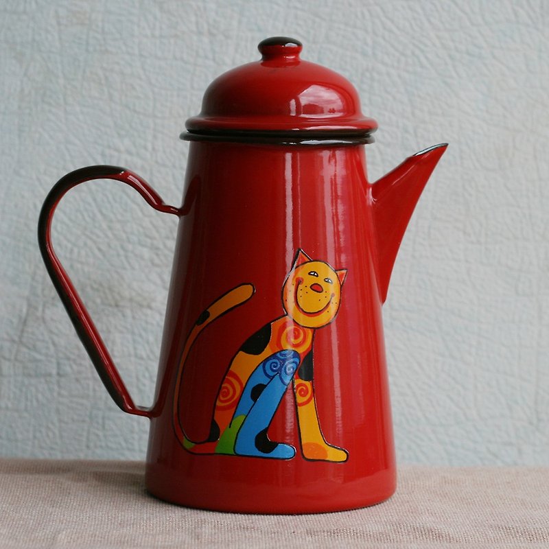 Smaltum布拉格 琺瑯咖啡壺 喵咪好朋友-橘臉 茄紅 (FDN000536) - 咖啡壺/咖啡器具 - 琺瑯 紅色