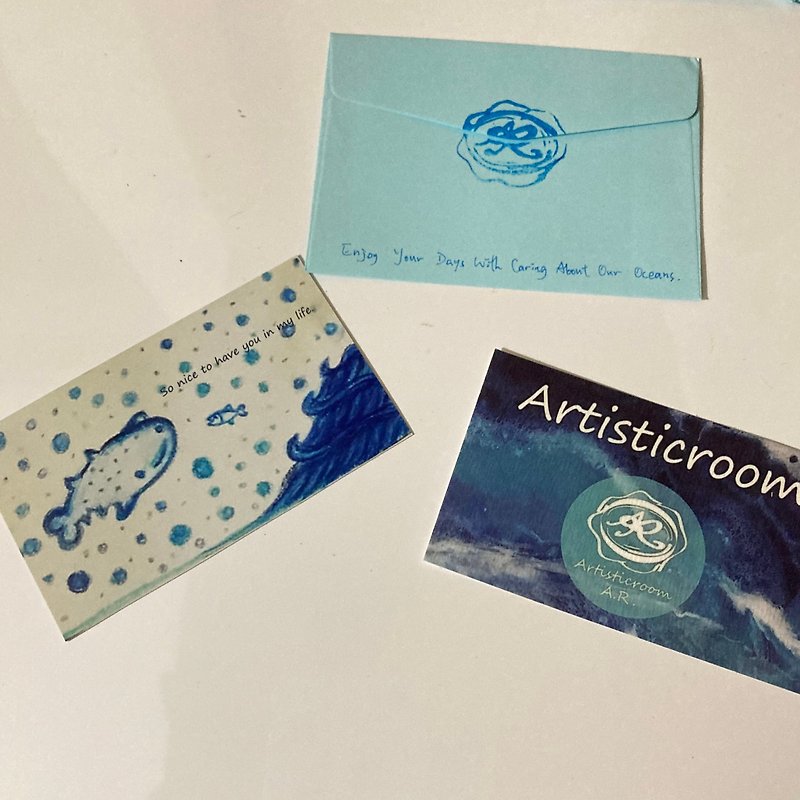 海洋萬用卡連信封套 - 原創水彩畫風 - 鯨鯊和小魚 - 心意卡/卡片 - 其他材質 藍色