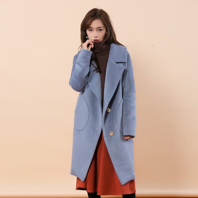 陳庭妮2016韓国の冬のカシミヤウールコート長いセクションの繭ウールのコートの子で厚く女子学生 - ジャケット - コットン・麻 ブルー