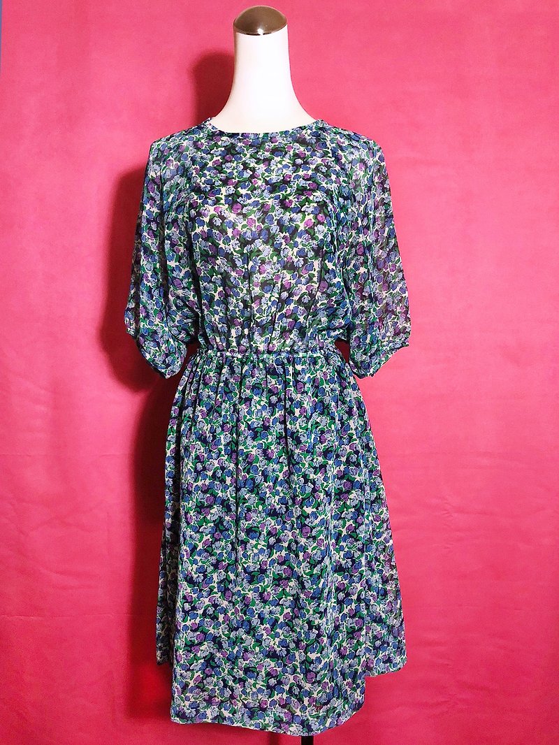 Flower Chiffon Sleeveless Vintage Dress / Bring back VINTAGE abroad - One Piece Dresses - Polyester Blue