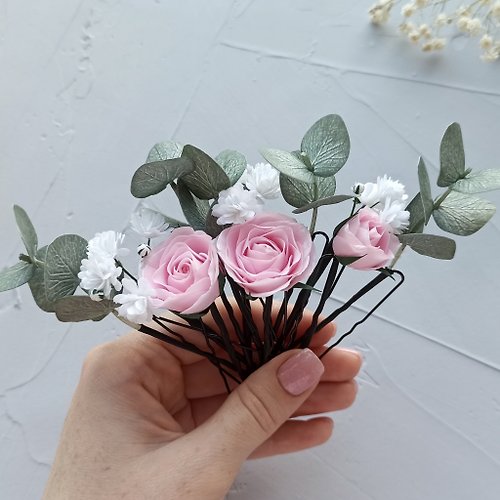 AlenaWedding Sage green wedding eucalyptus pink rose hair pins flower hair clip for bride
