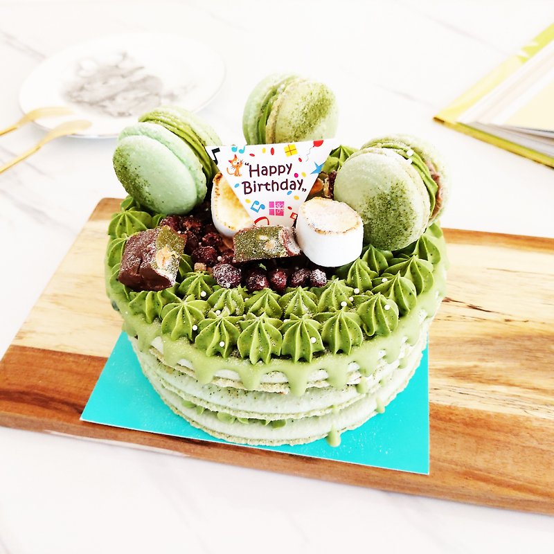 6 Inch Macaron Tower - Double Matcha Red Bean Roasted Marshmallow【birthday gift, can be used as birthday cake】 - Cake & Desserts - Fresh Ingredients Green