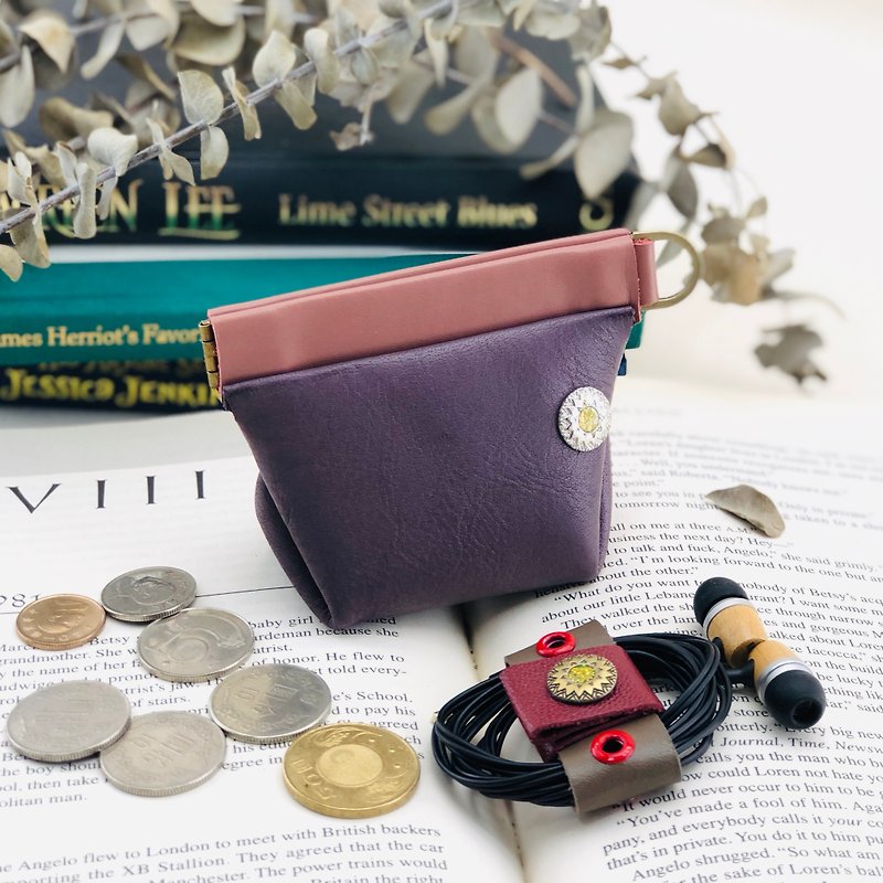 彈片立體多功能小小包 --- 零錢包 / 收納 / 鑰匙 / 耳機 - 散紙包 - 真皮 紫色