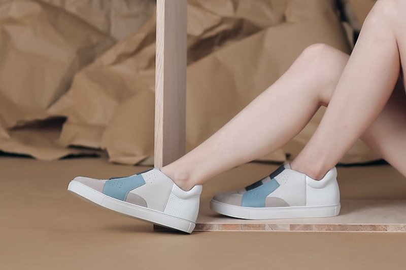 Geometric color block stitching high tube bandage casual shoes white blue gray - รองเท้าลำลองผู้หญิง - หนังแท้ สีเทา