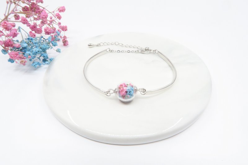 Baby's breath Dried Flowers EARTH BLUE Floraball 925 Sterling Sliver bracelet - Bracelets - Sterling Silver Multicolor