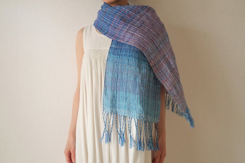Hand Woven Stole Linen Cotton Hydrangea Tapestry Gift Shawl (S) 57 Enrollment Mother's Day Gift Birthday Gift - Scarves - Cotton & Hemp Blue