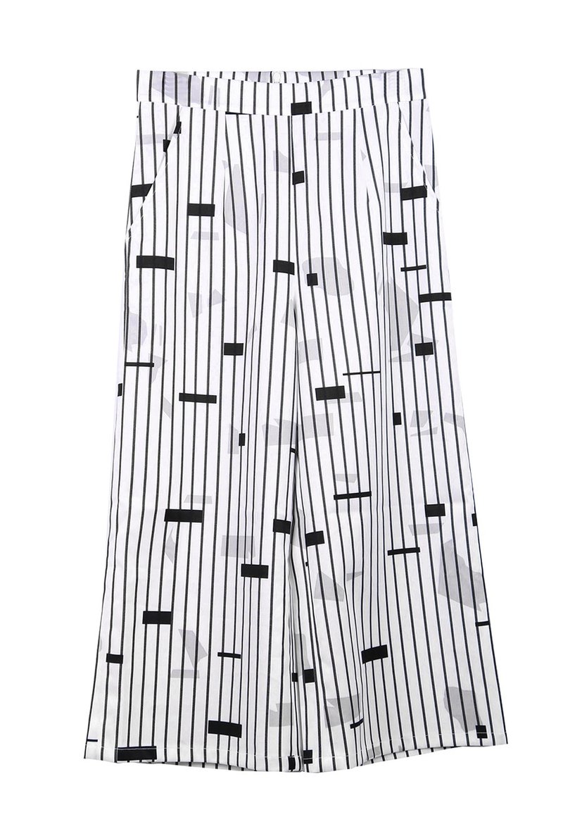 黑白幾何條紋緞面柔順簡約闊腿褲N222006C10 - 女長褲 - 其他材質 白色