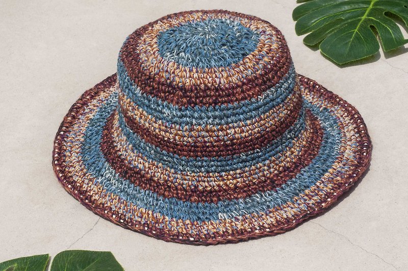 Hand-woven cotton Linen hat knit cap hat sun hat straw hat - French blue desert sky travel - Hats & Caps - Cotton & Hemp Multicolor