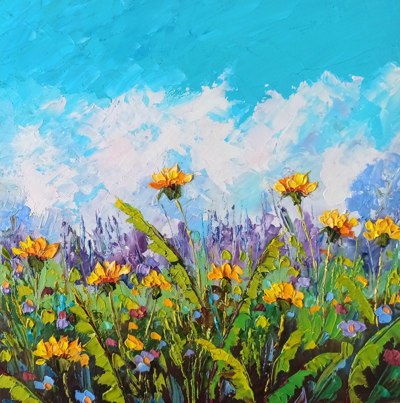 Dandelion Painting Original Art Impasto Oil Painting12x12in by Inna Bebrisa - 海報/掛畫/掛布 - 其他材質 