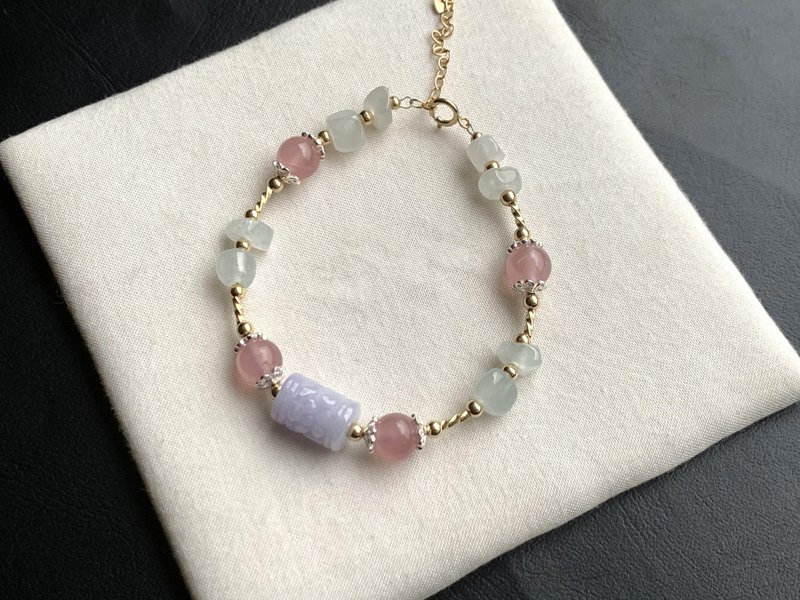 天然緬甸玉翡翠 紫羅蘭翡翠 雕花桶珠 14kgf 925銀 粉晶手鍊隨形 - 手鍊/手環 - 玉石 多色