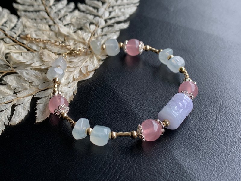 天然翡翠手鍊  紫羅蘭翡翠 雕花桶珠 14kgf 粉晶隨形手鍊 設計款 - 手鍊/手環 - 玉石 多色