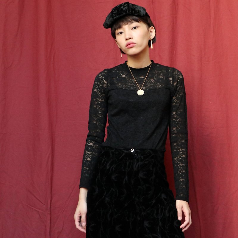 Pumpkin Vintage. Ancient black translucent lace elastic top - เสื้อผู้หญิง - วัสดุอื่นๆ 