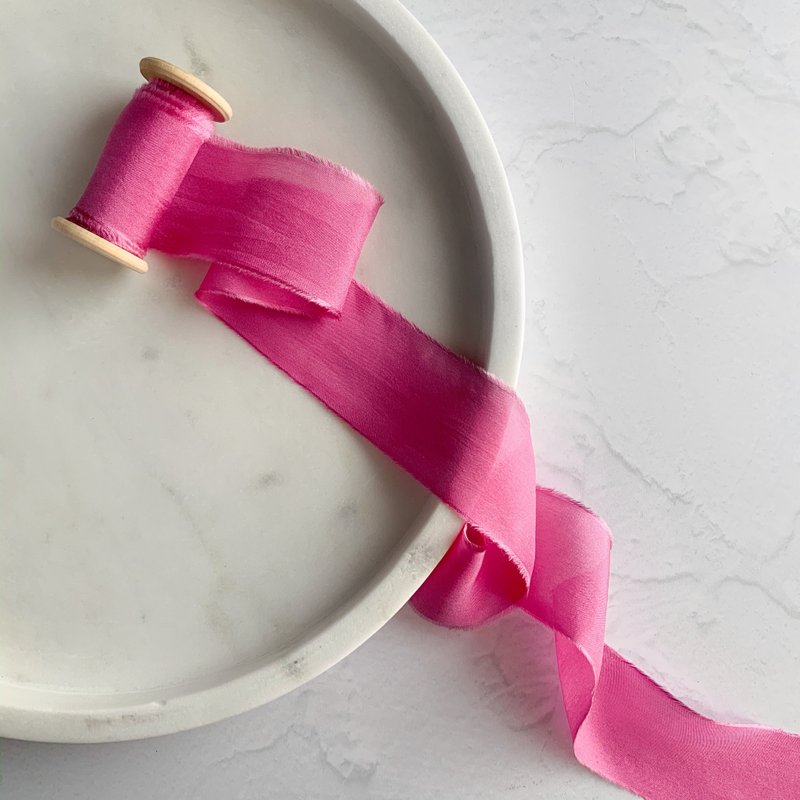 Fuchsia Green Silk Ribbon / Hand Dyed Silk ribbon on Wood Spool - 包裝材料/包裝紙 - 絲．絹 粉紅色