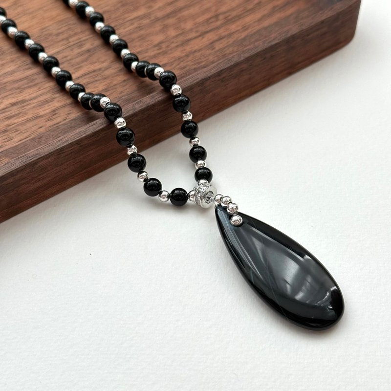 [Leo and Virgo | August] Black onyx water drop classical Silver necklace to protect against villains, sense of security and courage - สร้อยคอ - เครื่องประดับพลอย สีดำ