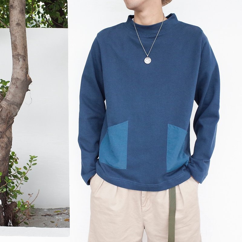 日系搭配 秋冬必備 半高領衛衣 純色百搭基本款寬鬆款 sweater - T 恤 - 棉．麻 藍色