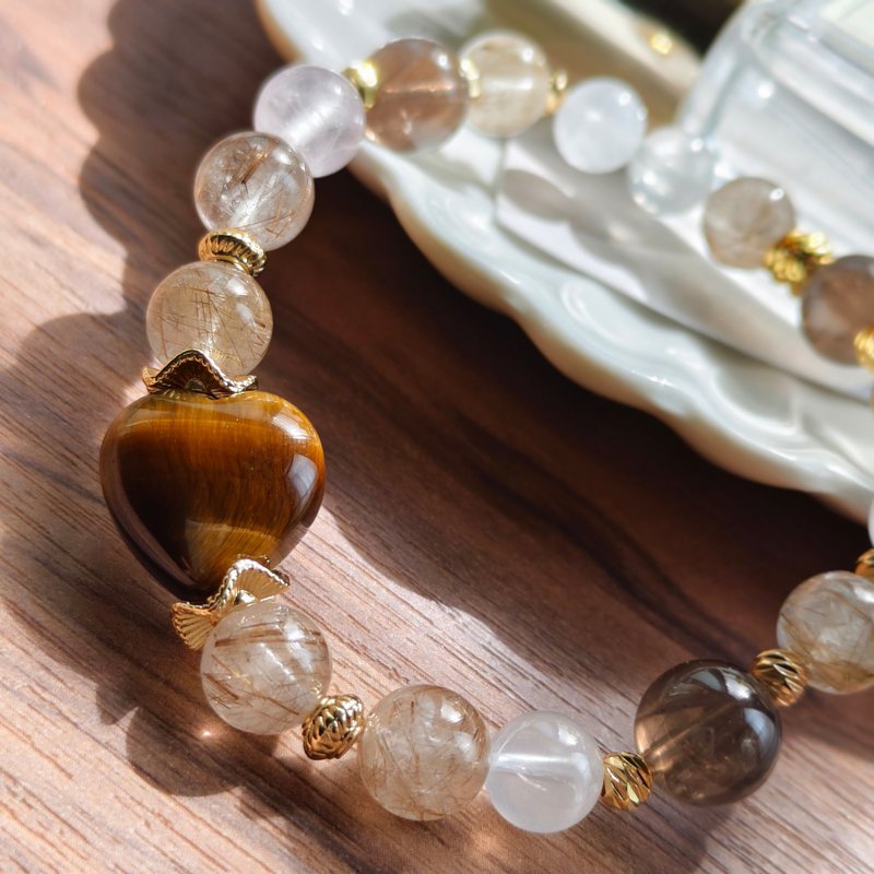 【愛心黃虎眼x魔鬼銀髮晶水晶手鏈】增強自信|招財|淨化 - 手鍊/手環 - 水晶 咖啡色