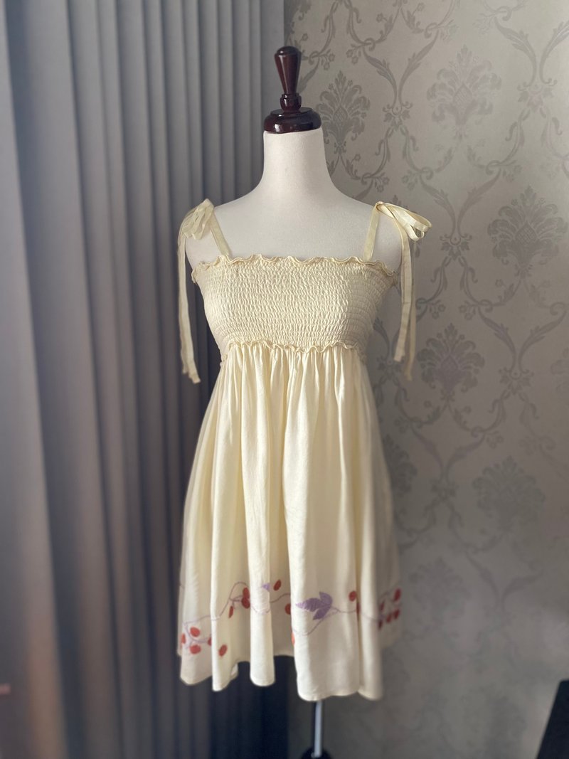 Fruit leaf embroidered strappy dress - One Piece Dresses - Cotton & Hemp White