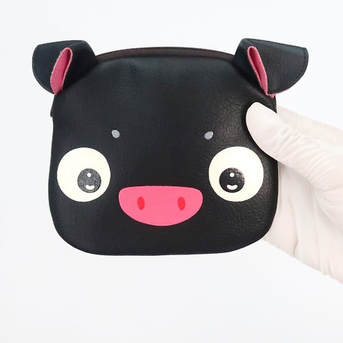 pipo89-dogs-cats Black pig coin purse ,small wallet bag with zip.various card pockets.