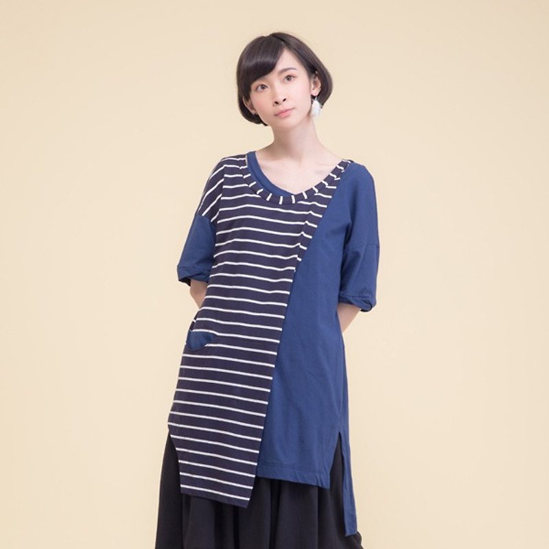 Missing Piece organic cotton striped shirt - on the horizon - เสื้อผู้หญิง - ผ้าฝ้าย/ผ้าลินิน สีน้ำเงิน