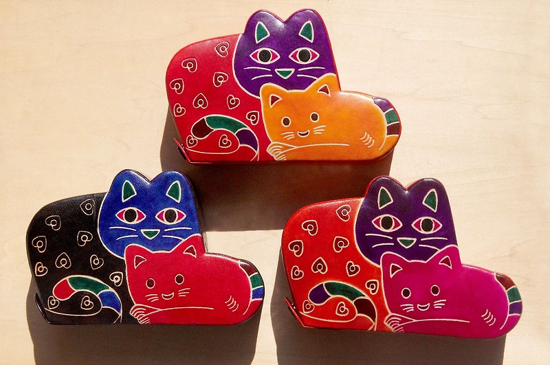 クリスマスプレゼント 手作り山羊革貯金箱・手描き風革財布・森の猫二匹（3色から選べます） - 貯金箱 - 革 多色