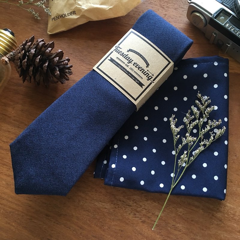 Neck Tie Blue Osaka Set with Blue White Polka Dot Pocket Square - 領帶/領帶夾 - 棉．麻 藍色