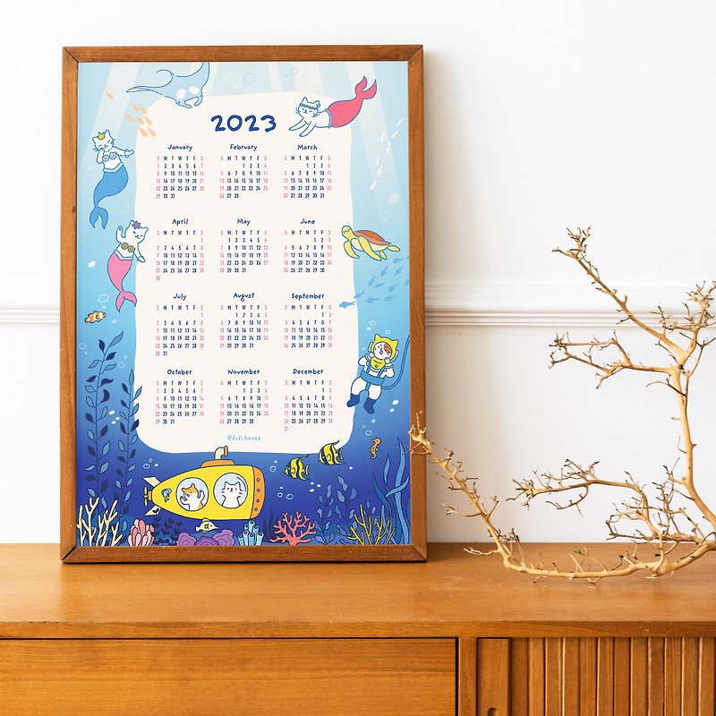 2023年カレンダー 人魚と猫の水中世界 - カレンダー - 紙 ホワイト