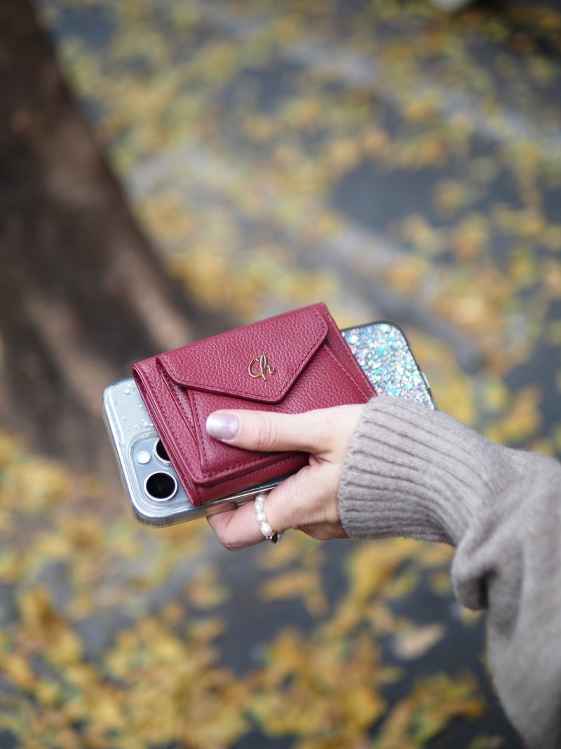 Maily (Burgundy) : Tri-fold wallet, short wallet, cow leather, Red velvet tone - Wallets - Genuine Leather Red