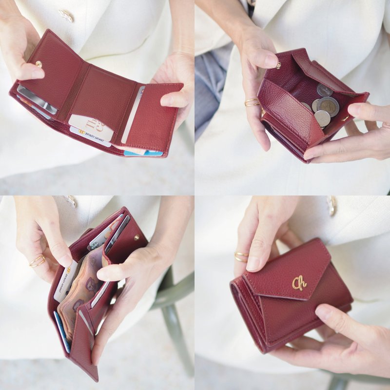 Maily (Burgundy) : Tri-fold wallet, short wallet, cow leather, Red velvet tone - 錢包/皮夾/長短夾 - 真皮 紅色