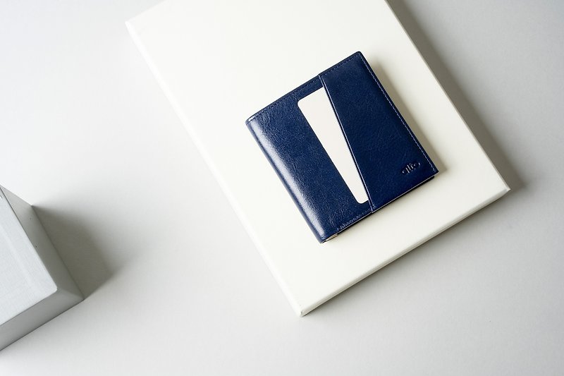 RFID 輕薄皮夾 / 短夾 - 海軍藍 - 可加購客製刻字禮物 - 銀包 - 真皮 藍色