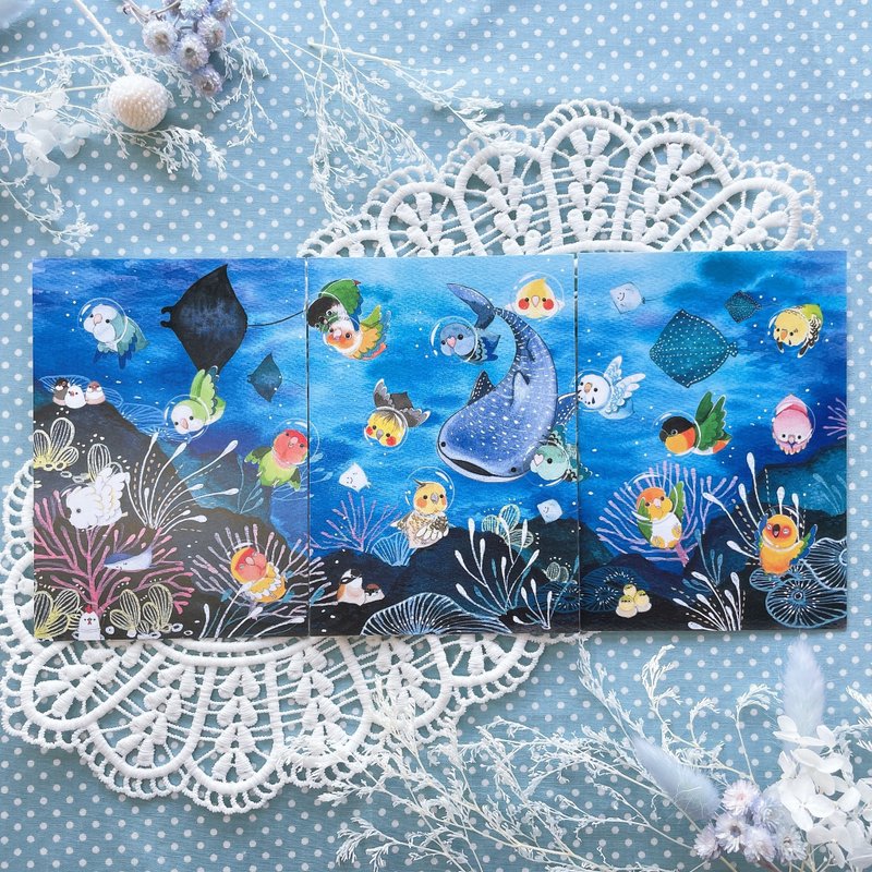 Rolia's 手作 鸚鵡/鳥/鯨鯊/魟魚/海底悠游 明信片(三張組) - 卡片/明信片 - 紙 