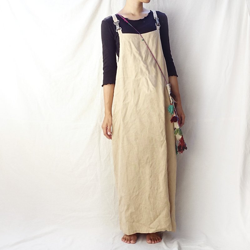 BajuTua / Vintage / 80's American minimalist linen strap dress - One Piece Dresses - Cotton & Hemp Khaki