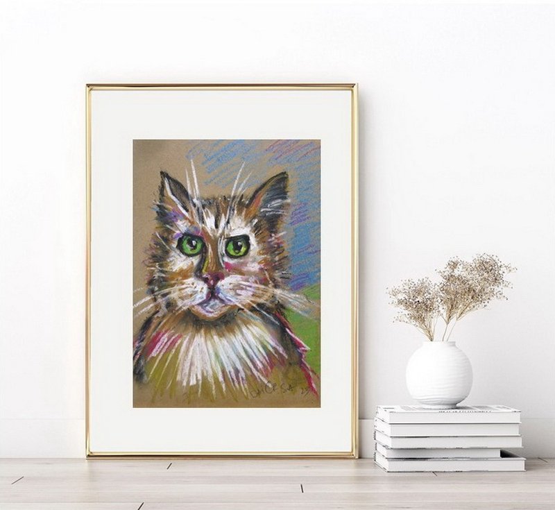 Cat portrait oil pastels drawing on toned paper kids room décor - Wall Décor - Paper Multicolor