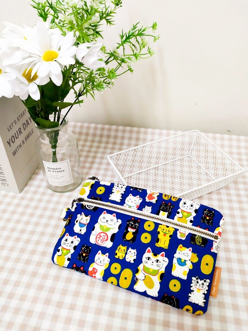 Pickup series coin purse/universal bag/zipper storage bag/lucky cat style - กระเป๋าสตางค์ - ผ้าฝ้าย/ผ้าลินิน สีน้ำเงิน