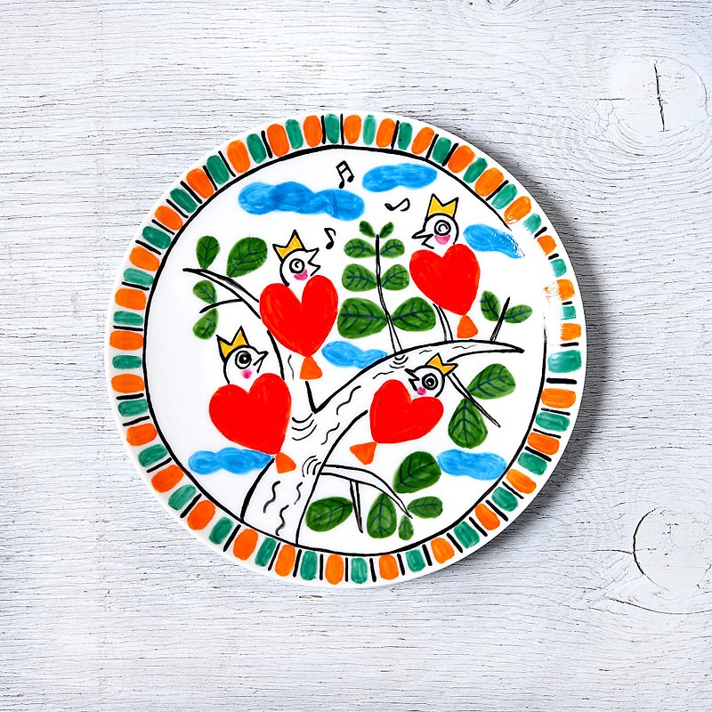 Orange Heart Bird's Drawing Talking in the Tree - Small Plates & Saucers - Porcelain Orange