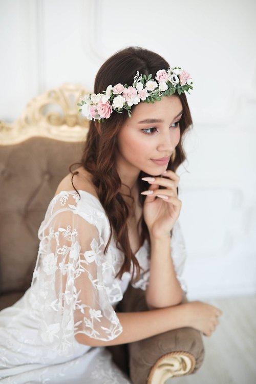 FaberAccessories Flower Crown for Romantic Bride Hairstyle. White & Pink Flowers Boho Wreath.
