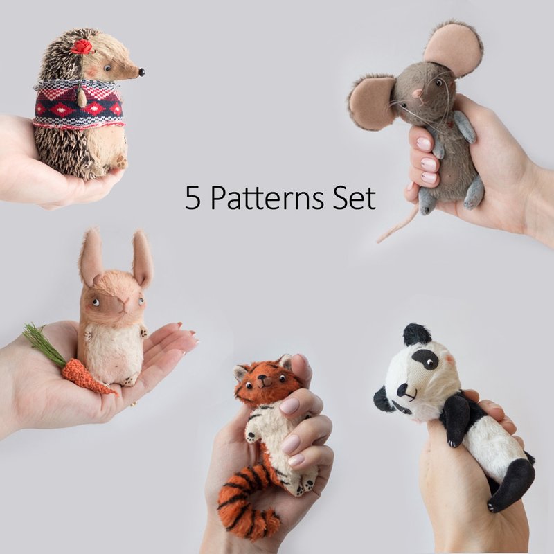 5 Sewing Patterns Set - Hedgehog, Mouse, Tiger, Rabbit & Panda - 手工藝教學/工具書 - 其他材質 