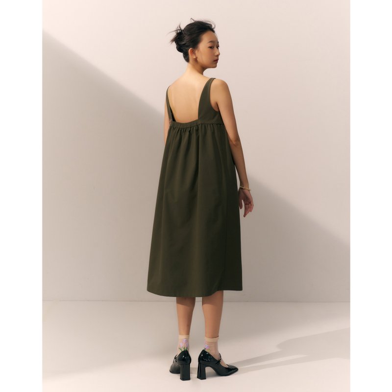 Square Neck Sleeveless Midi Dress/ Dark Green - One Piece Dresses - Other Materials Green