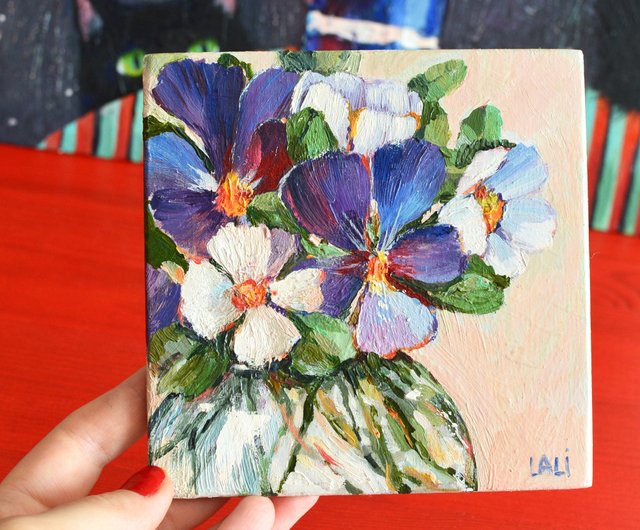パンジー オリジナル油絵 13x13cm 紫色の花 静物画 - ショップ