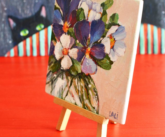 パンジー オリジナル油絵 13x13cm 紫色の花 静物画 - ショップ