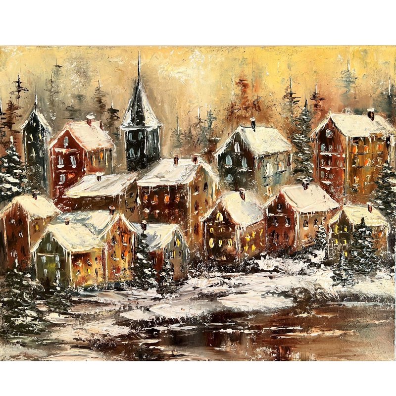 Houses Painting Original Art Winter Landscape Painting 40x50 cm/ 16 by 20 in - 海報/掛畫/掛布 - 棉．麻 多色