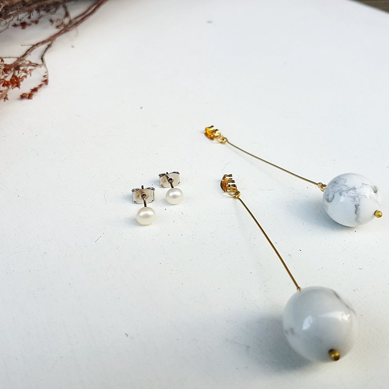 925純銀耳針_0.5cm天然珍珠+白文石垂墜_貼式耳環活動兩用款耳環 - 耳環/耳夾 - 珍珠 白色