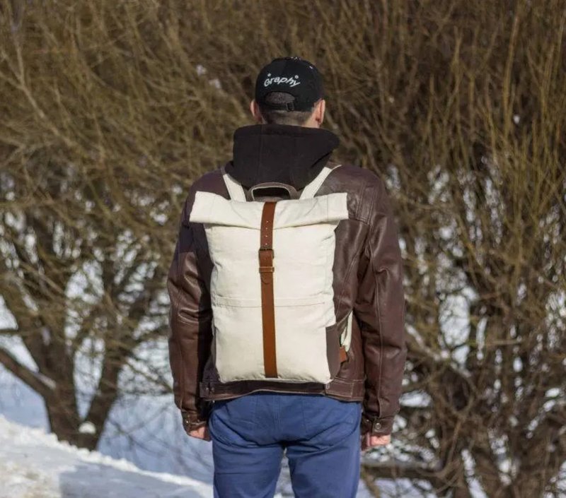 Handmade roll top backpack, Canvas leather backpack, Canvas rucksack - 後背包/背包/書包 - 真皮 白色