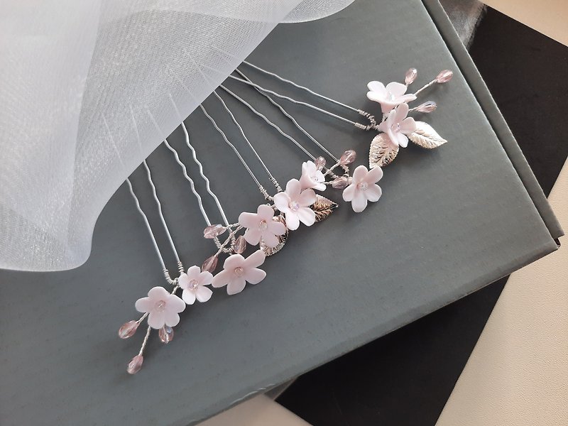 Pink flower hair pins, floral wedding jewelry, Sakura bridal head piece - 髮飾 - 黏土 