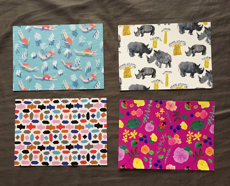 明信片組合: 游泳 犀牛與麵包樹 馬賽克花磚 瓢蟲 - 卡片/明信片 - 紙 多色