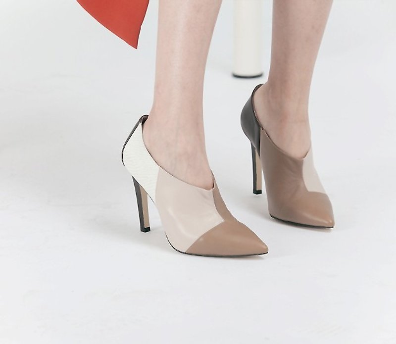 Color mosaic spiked pointed high heels bare brown - รองเท้าส้นสูง - หนังแท้ สีนำ้ตาล